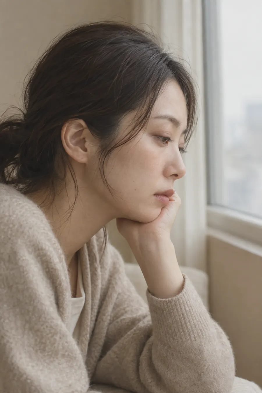 窓辺で頬杖をつき、物思いにふける女性のイメージ写真