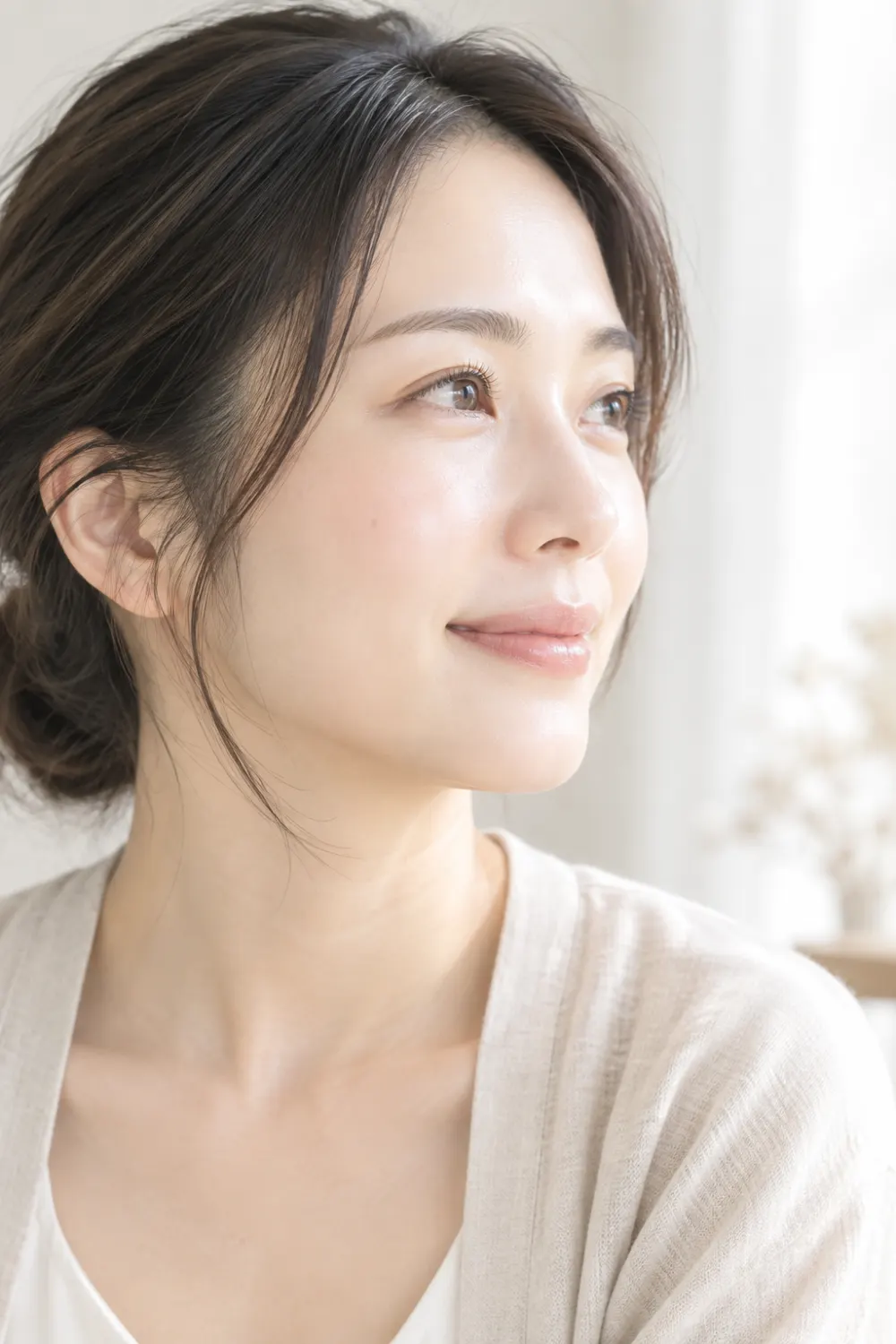 やわらかな自然光の中で頬に手を添える女性のイメージ写真