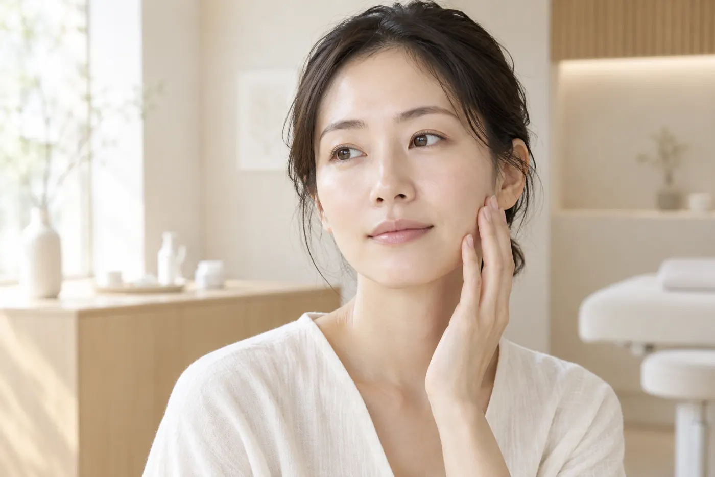 朝の光が差し込む院内で肌に向き合う女性のイメージ写真